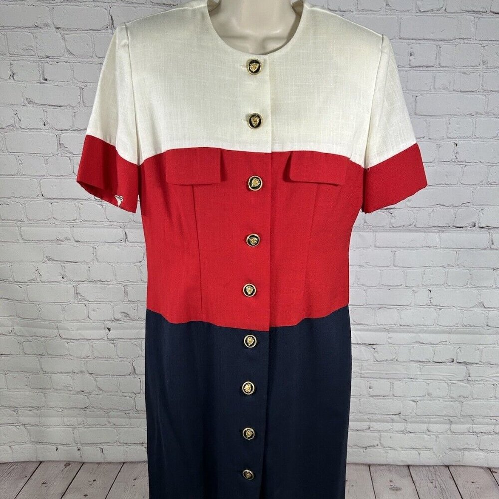 VTG J.W. Trèci White Red Blue Button Down Shoulder Padded Short Sleeve Dress 10